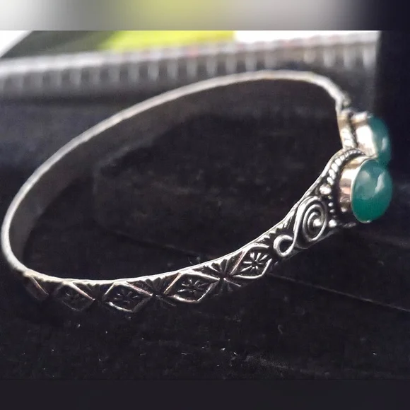 NWOT Natural Green Onyx and Silver Adjustable Cuff Handmade Bangle Bracelet - Picture 4 of 5